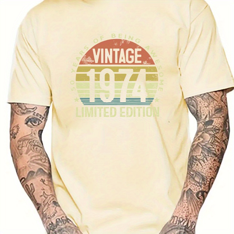 

Letter Print "vintage 1974 Limited Edition" Crew Neck And Short Sleeve T-shirt, Classic And Chic Tops For Men's Summer Street Wear