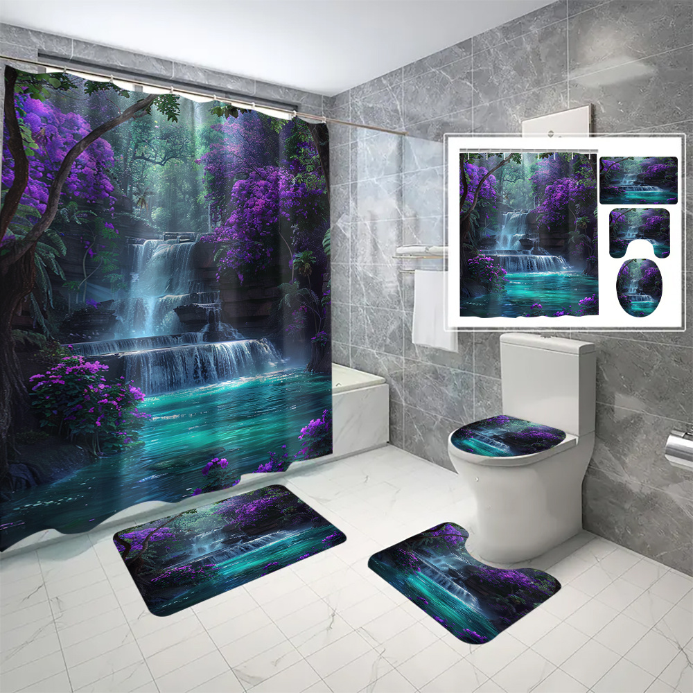 

4pcs/set Waterproof Bathroom Shower Curtain With 3d , Cartoon Design, Polyester Fabric, Includes Hooks, Machine Washable, Suitable For All