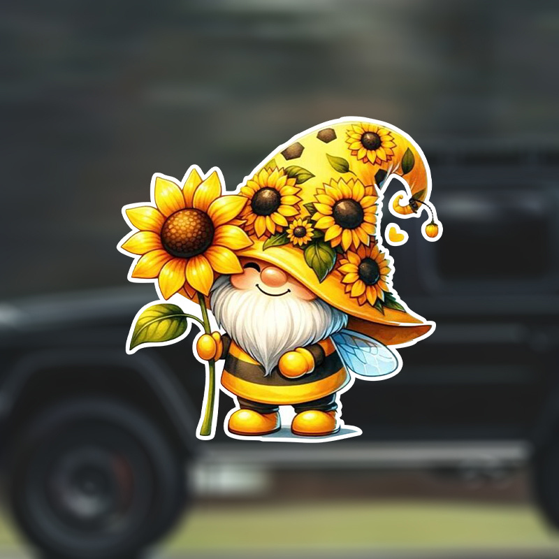 

Sunflower Bee Gnome Summer Vinyl Decal - Self-adhesive Paper Sticker For Plastic Surfaces, Single Use Wall Art For Bedroom And Nursery, Car Embellishment Decor.