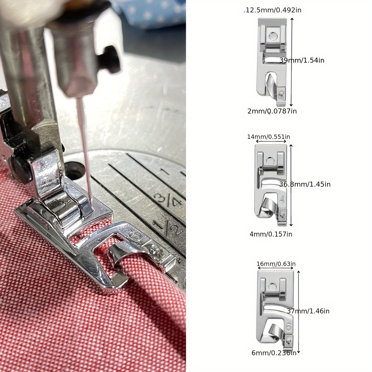 

3-piece Narrow Roll Hem Presser Foot Set, Silver - Fit For Singer & , Ideal For All Skill Levels