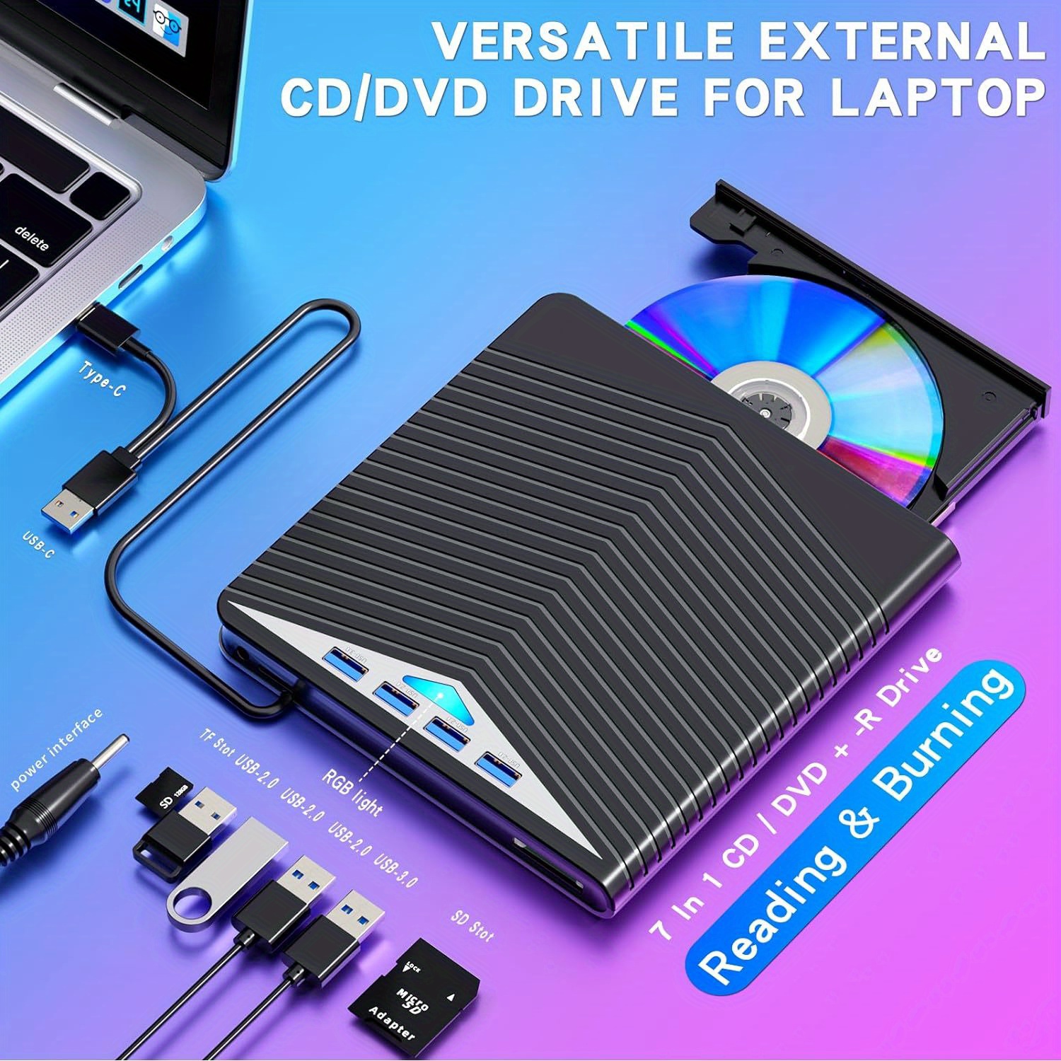 

Multifunctional External Cd Dvd Drive, Usb 3.0 Type-c Cd Dvd +/-rw Optical Drive Cd Burner, Ultra-slim Drive With 4 Usb Ports And Sd/tf Card Slots, Compatible With Linux, Windows,