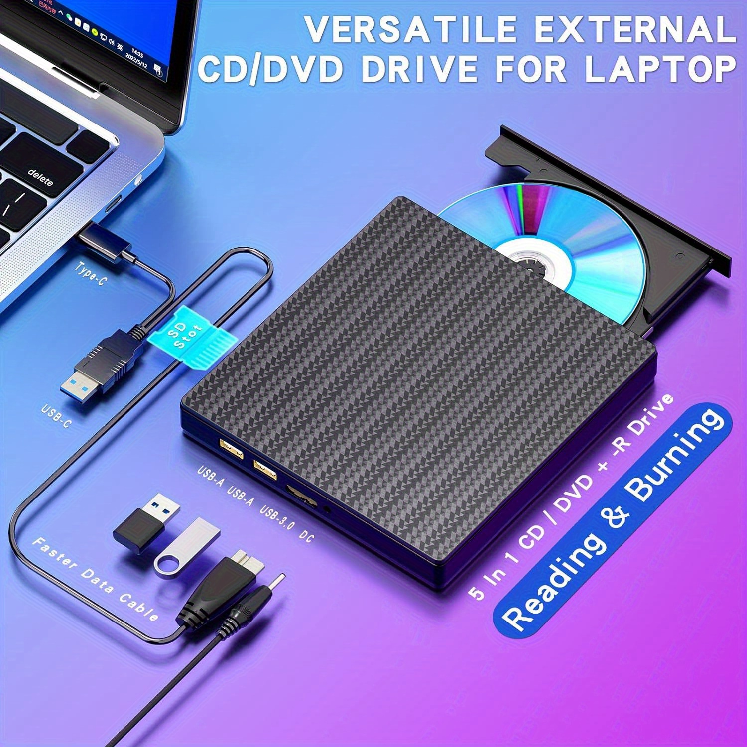 

External Cd/dvd Drive For Laptop Dvd With Sd Card Slots Reader And 4 Usb Ports, Usb 3.0 Type-c Cd/dvd Burner External Disk Drive Optical Compatible With Laptop Pc Windows 11/10/8/7