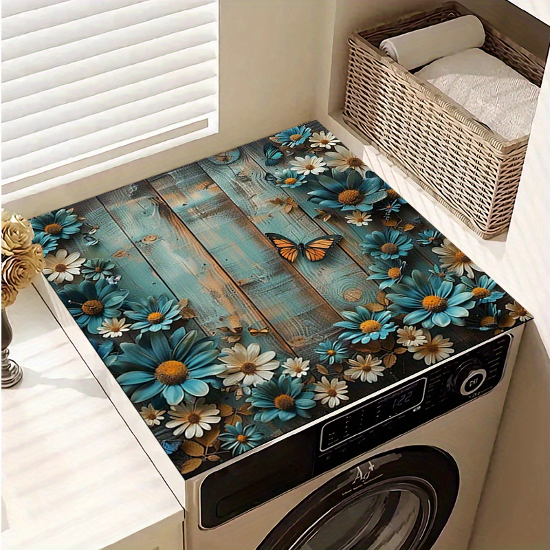 

Non-slip Washer & Dryer Mat - Cyan Daisies & Butterflies Design, Polyester, 20x24/24x24in - Perfect For Laundry Room Decor & Safeguard
