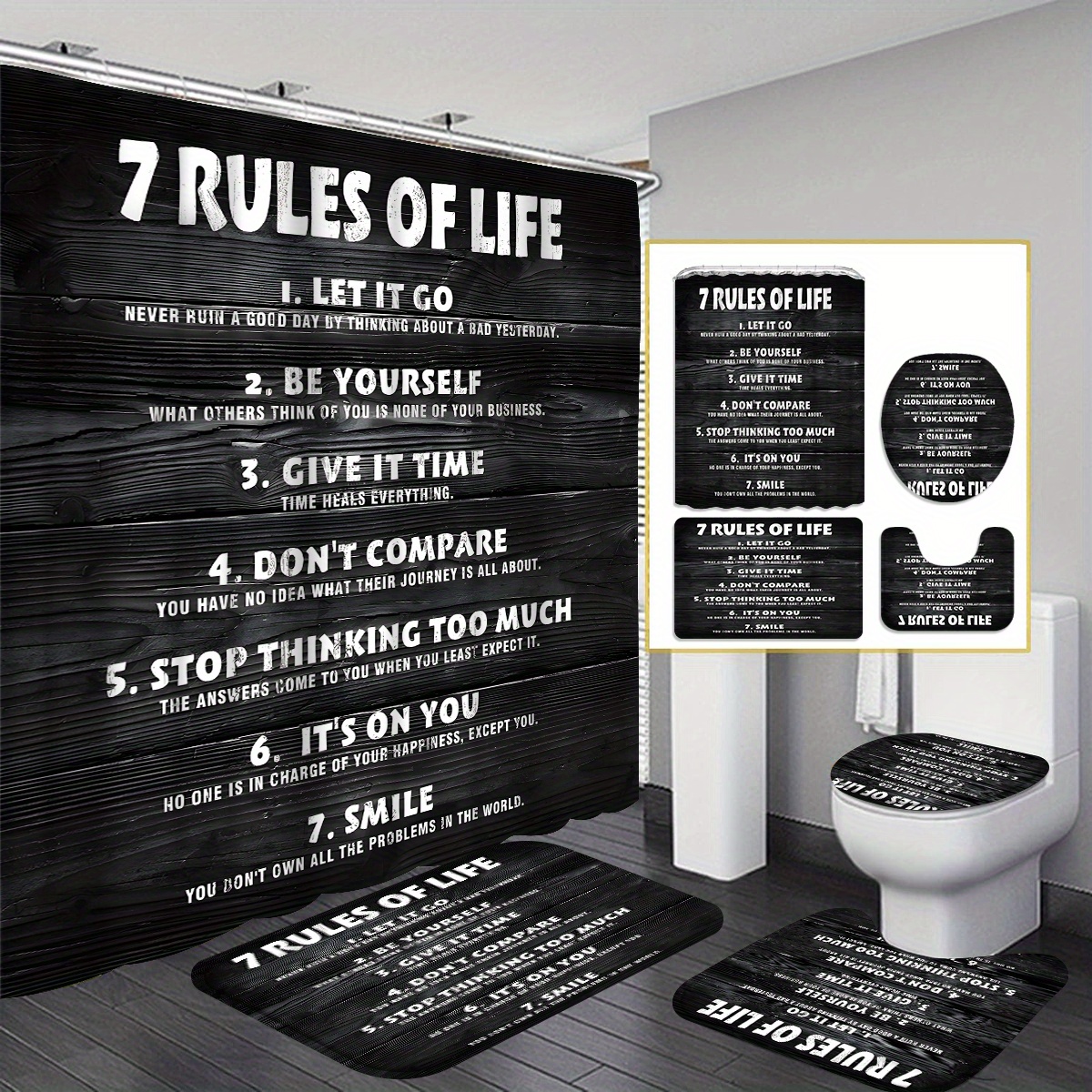 

1pc/4pc Motivational "7 Rules Of Life" Shower Curtain Set, 70.8x70.8 Inches, Modern Bathroom Decor With Bath Mat & Toilet Lid Cover, Includes 12 Curtain Hooks