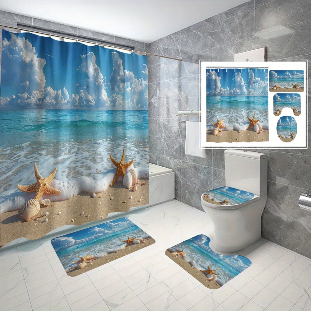 

4pcs/set Ocean-themed Shower Curtain Set With 3d Printing, Waterproof, Easy To Clean, No-hole Design, Suitable For Bathroom