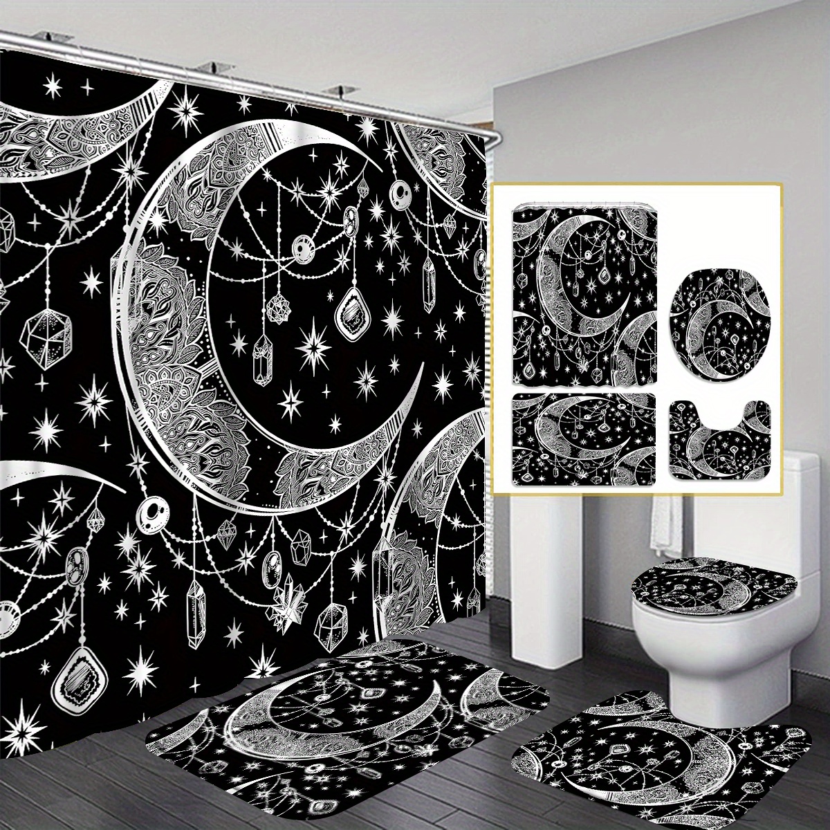 

1/4pcs Moon & Stars & Gems Print Shower Curtain Set, 70.8x70.8 Inches, Modern Bathroom Decor With Bath Mat & Toilet Lid Cover, Includes 12 Free Hooks, Black Mystic Astrology Design
