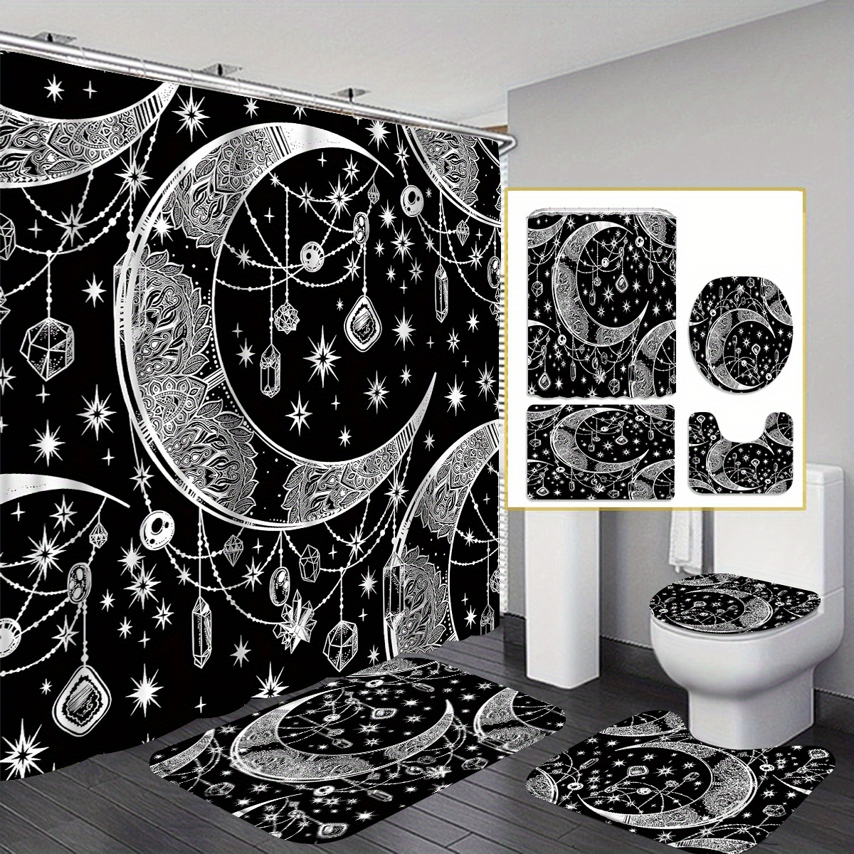 

1/4pcs Moon & Stars & Gems Print Shower Set, 70.8x70.8 Inches, Modern Bathroom Decor With Bath Mat & Toilet Lid Cover, Includes 12 Free Hooks, Black Mystic Astrology Design