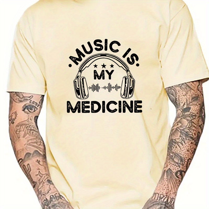 

Tune-, " Graphic Tee For Men - Casual Crew Neck T-shirt With Artistic Headphone Print, Breathable Polyester, Machine Washable