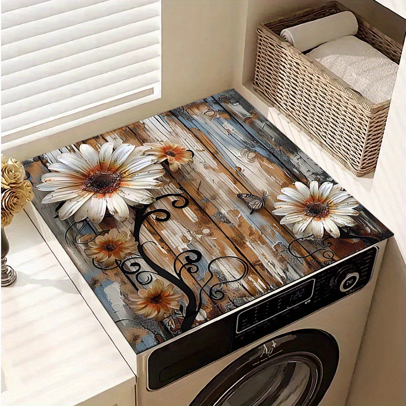 

White Daisies & Butterflies Non-slip Washer And Dryer Mat - 20x24/24x24in, Protective Dust Cover For Laundry Appliances, Polyester, Ideal For Home Decor