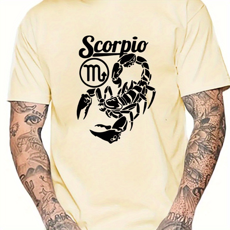 

Scorpio Theme Graphic Pattern And Letter Print Crew Neck And Short Sleeve T-shirt, Casual And Stylish Tops For Men's Summer Street Wear