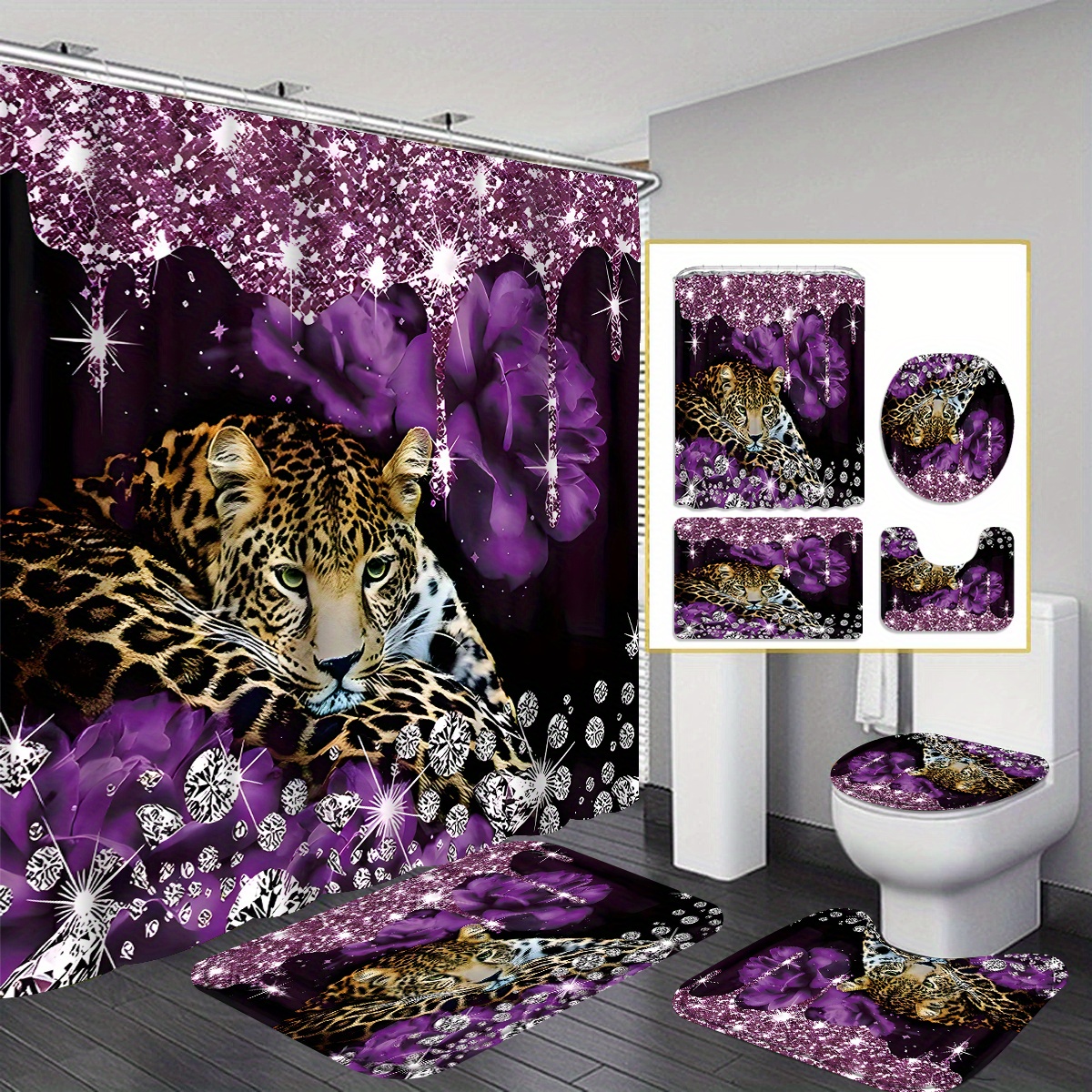 

1/4pcs Diamond & Flower & Leopard Pattern Shower Curtain Set With Hooks, Waterproof Shower Curtain, Toilet Cover Mat, Non-slip Bathroom Rug, Water Absorbent Bath Mat, Bathroom Accessories, Home Decor