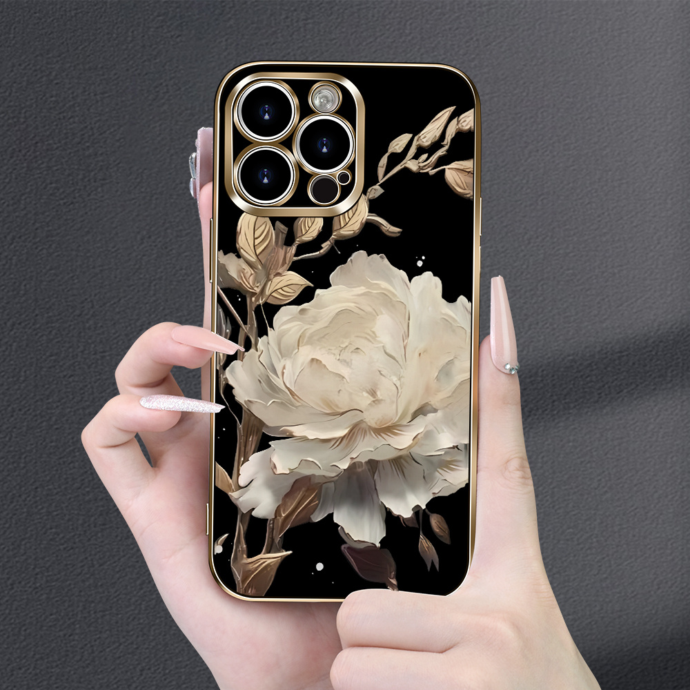 

Elegant White Peony Painted Electroplated Phone Case - Black, Non-slip Grip For 15/14/13/12/11 Plus Pro Max