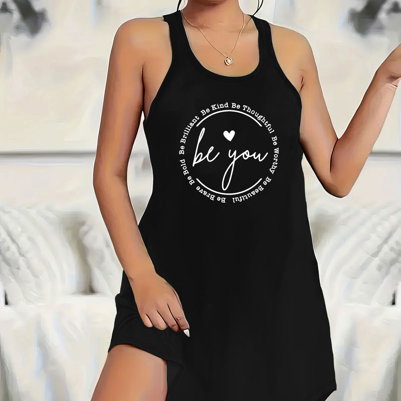 

Slogan Print Lounge Dress, Casual Round Neck Racer Back Curve Hem Tank Dress, Women's Loungewear