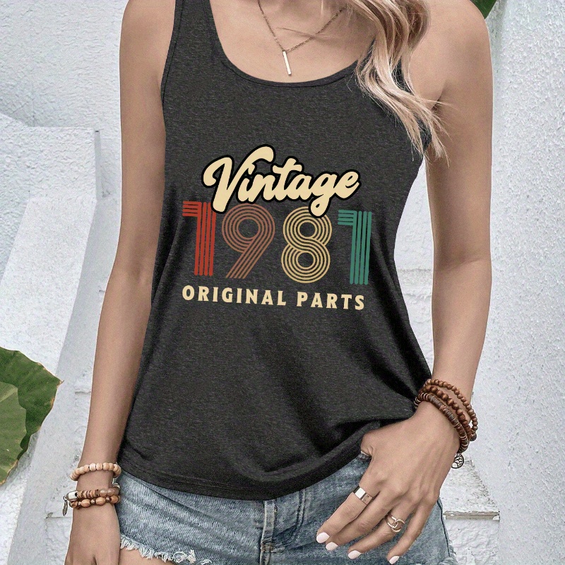 

Vintage 1981 Print Crew Neck Tank Top, Casual Sleeveless Top For Summer & Spring, Women's Clothing