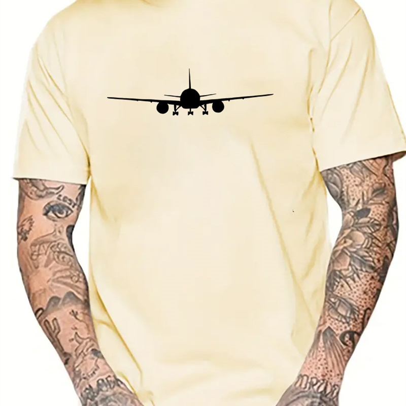 

Airplane Pattern Crew Neck And Short Sleeve T-shirt, Chic And Stylish Tops For Men's Summer Street Wear