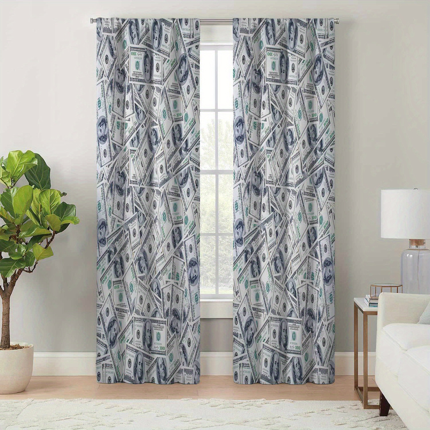 

2pcs, Dollar Bill Print Blackout Curtains For Living Room And Bedroom, Modern Minimalist Style, Easy Care, All-season Charm, Durable & Easy To Hang, Bohemian