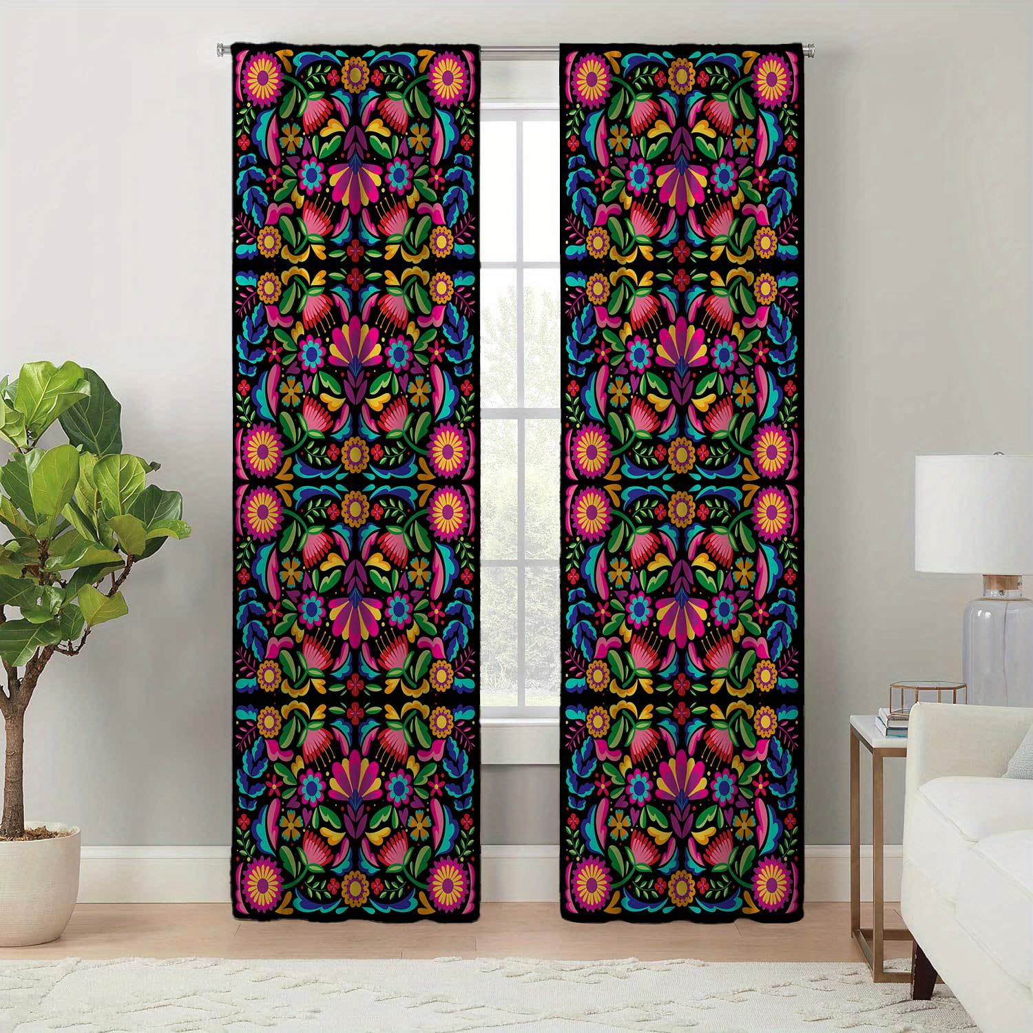 

2pcs, Bohemian Print Curtains, Colorful Floral Pattern, Modern Simplistic Style, Easy-maintenance, Durable Hanging Drapes, All-season Charm For Living Room And Bedroom Decor