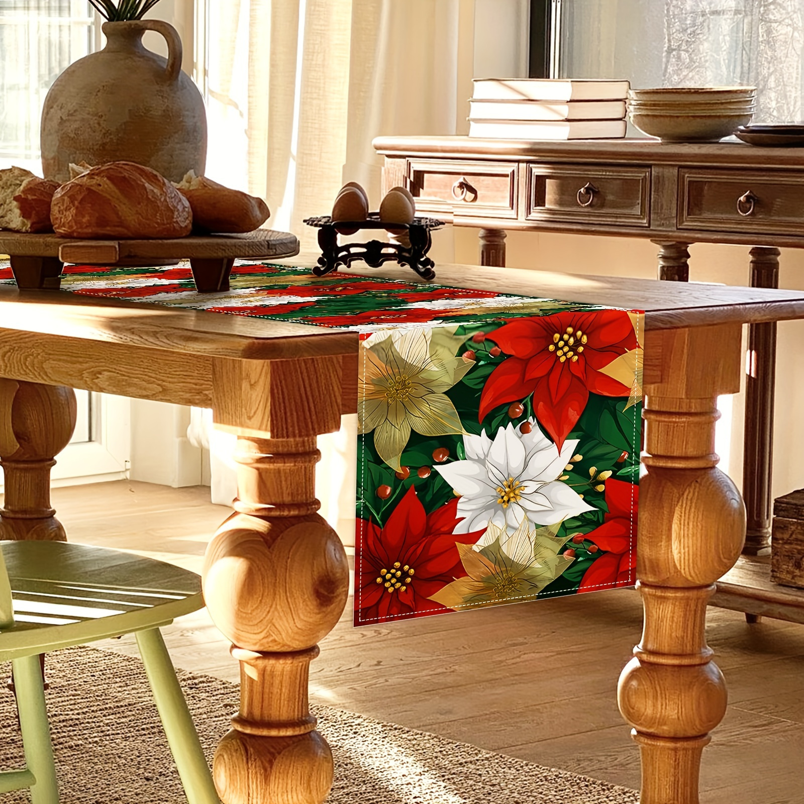 

1pc, Linen Table Runner, Christmas Red Golden Poinsettia Table Runner, Xmas Winter Small Burlap Table Runner, Seasonal Holiday Kitchen Dinning Decor For Indoor