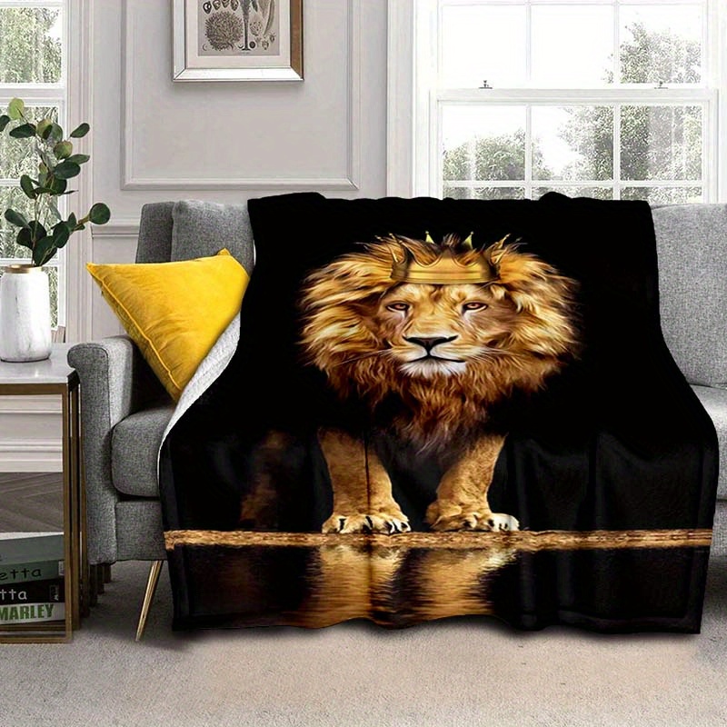 

Lion Print Soft Polyester Square Blanket - 100% Polyester, Machine Washable, Large Size For Sofa, Bed, Picnic, Travel, Casual Nap - Comfortable Home Office Blanket With Artistic Wildlife Design