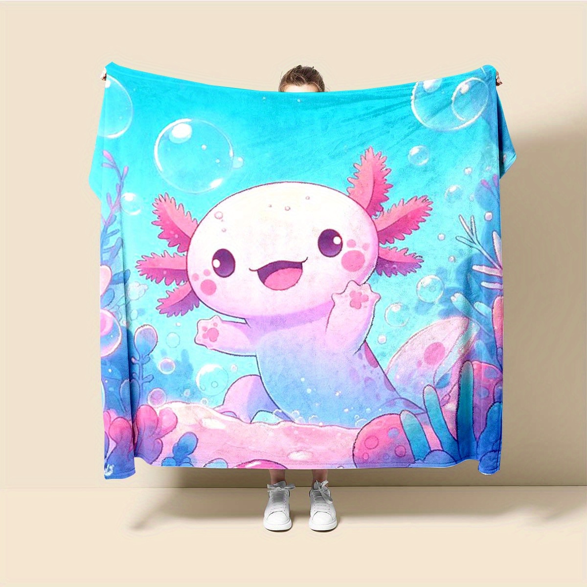 

Cute Axolotl Cartoon Print Flannel Blanket - 100% Polyester, Lightweight All-season Office Chair Throw, Ideal For Travel, Camping, Home Decor