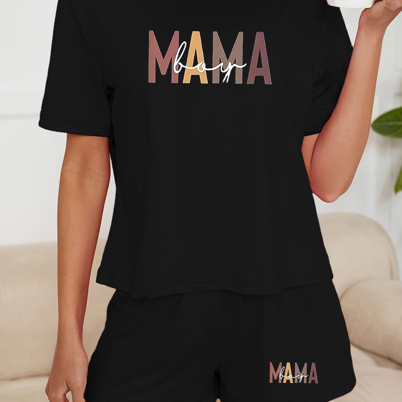 

Women's "mama" Printed Casual Round Neck Short Sleeve T-shirt & Shorts Loungewear Set For Mother's Day, Relax Fit Style