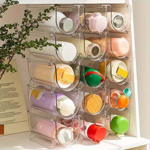 1pc 2 Slot Stackable Plastic Wine Rack, Clear Refrigerator Organizer For Cups And Water Bottles, Champagne Storage Box, Home Storage Shelf