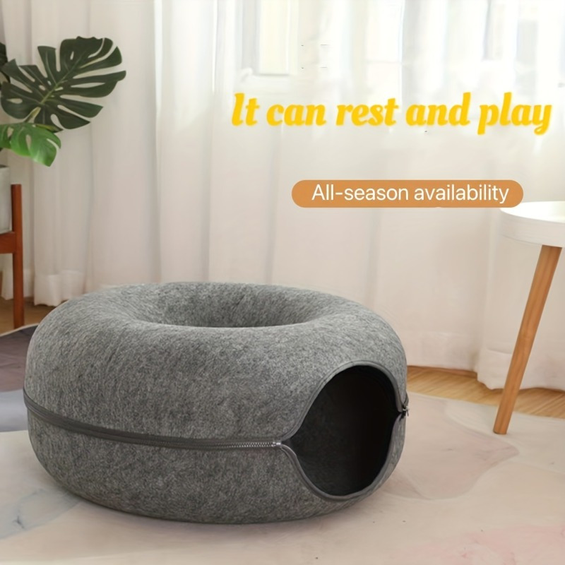 

Cozy Felt Cat Tunnel Bed With Peek Window - Detachable, Washable Donut Nest For Cats, All-season Comfort