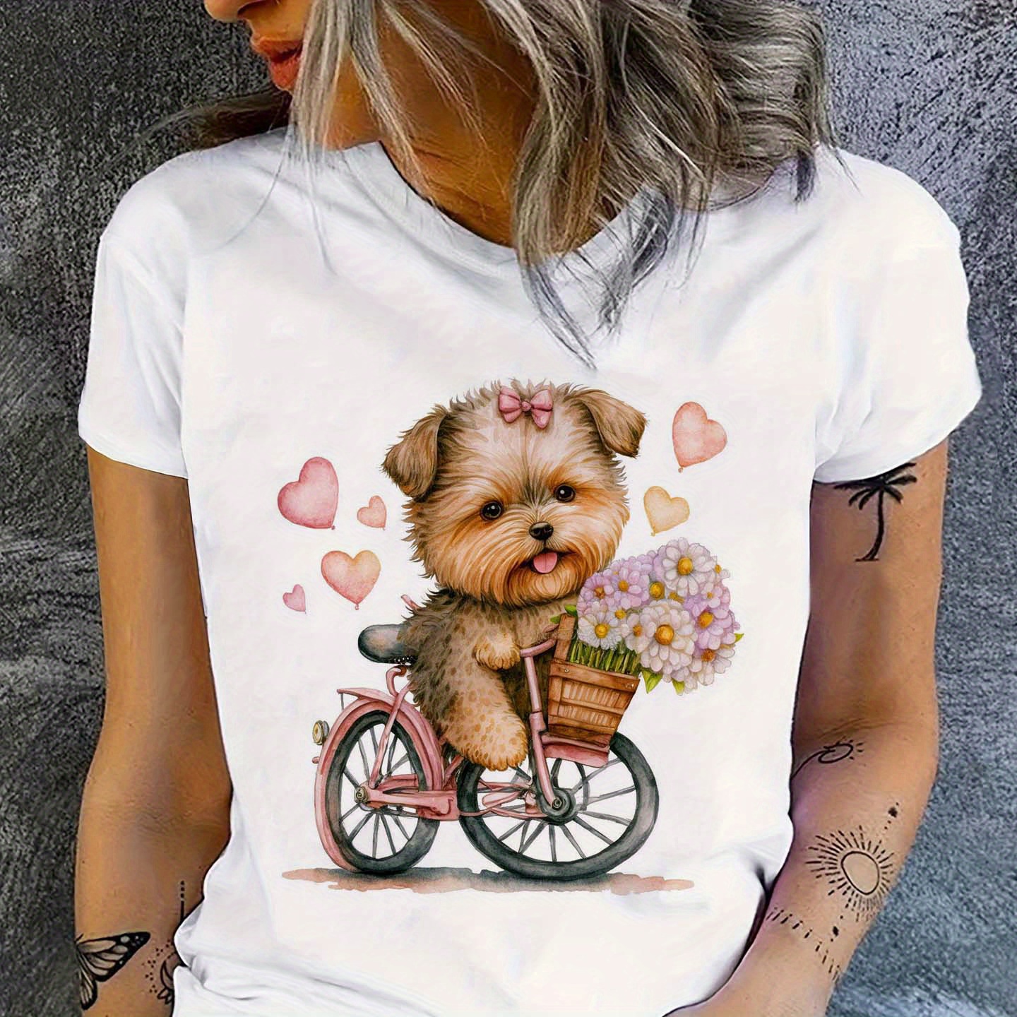 

Puppy & Bike Print Crew Neck T-shirt, Casual Short Sleeve T-shirt For Spring & Summer, Women's Clothing