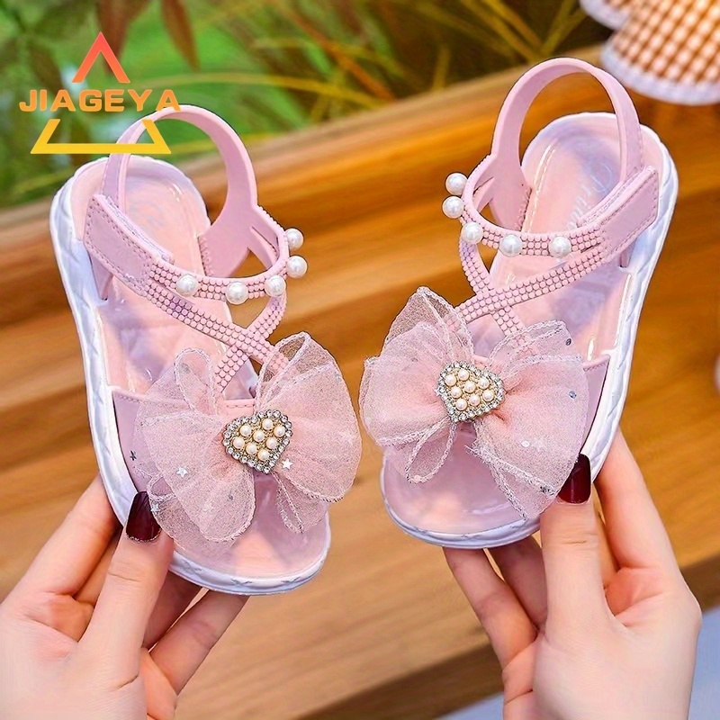 

Girls' Summer Sandals 2024, Princess Flats With Soft Sole And Anti-slip, Pearl Heart Embellished Kids' Shoes