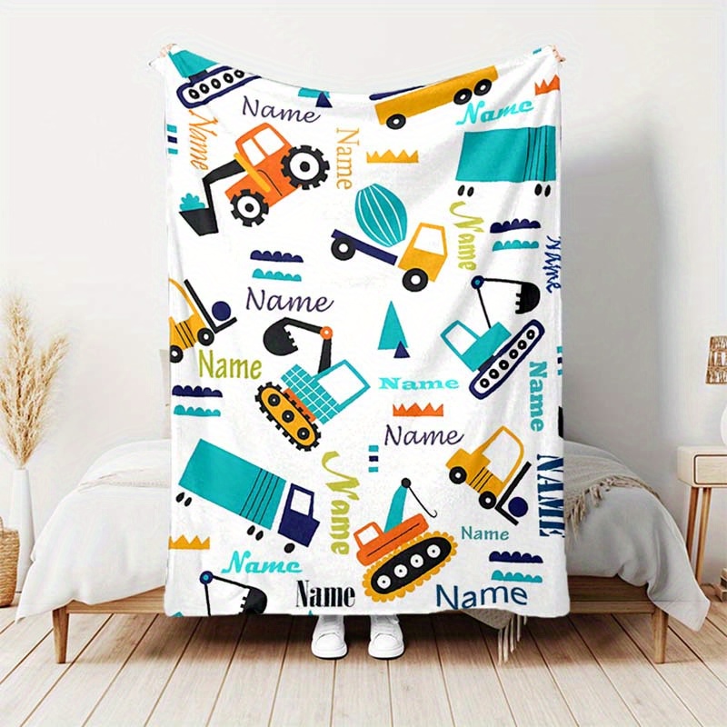 

1pc Leisure Blanket, Personalized Name Custom Cartoon Excavator And Large Car Pattern Text Blanket, 4 Seasons Outdoor Travel Blanket