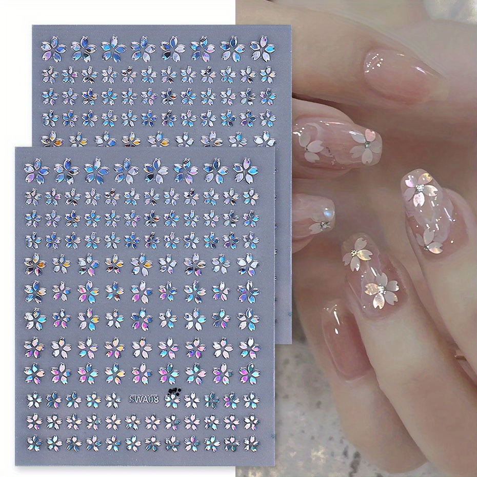 

2/3 Sheets Holographic Sakura Flower Nail Stickers Cherry Blossom Petal Design Silvery Golden Floral Summer Decals Manicure Foils Women And Girls