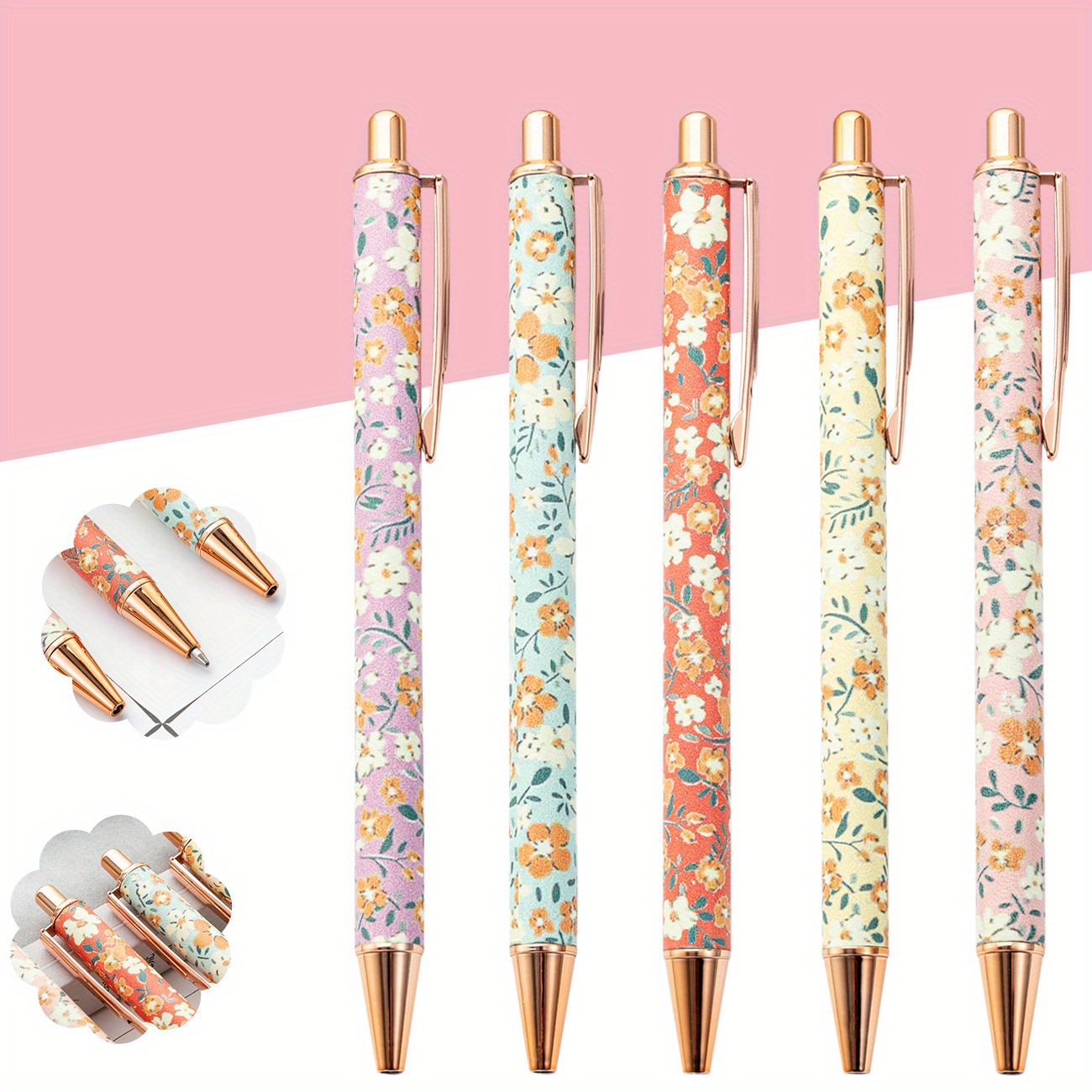 

3-pack Assorted Floral Metal Ballpoint Pens, Retractable Medium Point, Golden Glitter Accents - Perfect For Students & Everyday Use Cute Pens For Writing Beautiful Ballpoint Pens