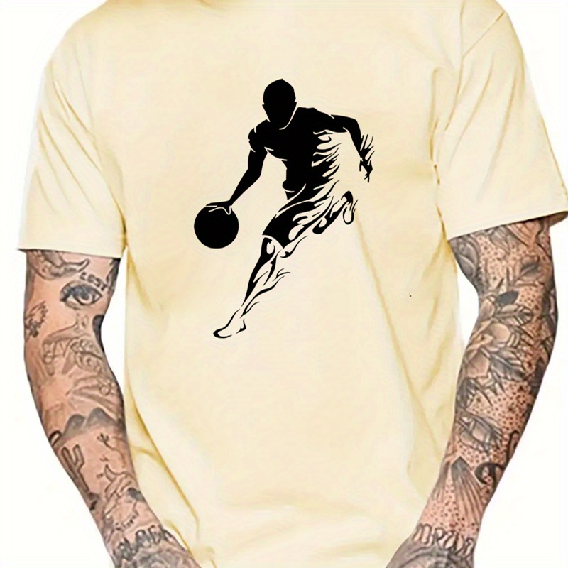 

Contrast Color Basketball Player Sketch Pattern T-shirt With Crew Neck And Short Sleeve, Casual And Chic Tops For Men's Summer Outdoors Activities