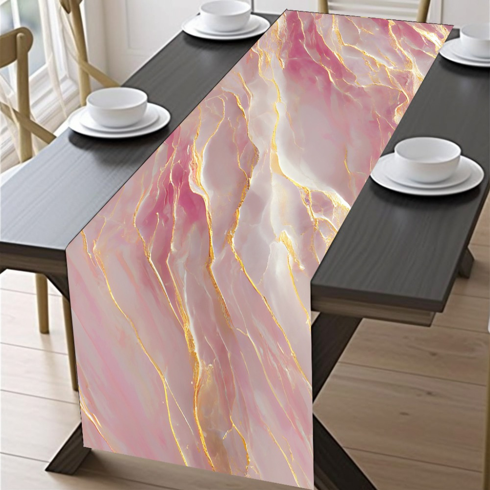 

1pc, Table Runner, Pink Marble Polyester Table Runner, For Home Kitchen Dining Room Decor, Spring Summer Golden Flowing Pattern Party Decoration