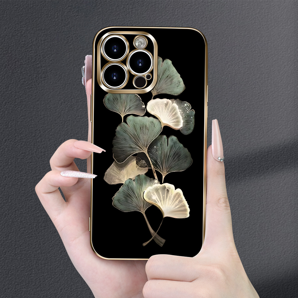 

-plating Tpu Phone Case With Ginkgo Leaf Design, Anti-slip Fashion Protective Cover Compatible With 15/14/13/12/11 Plus Pro Max - Black