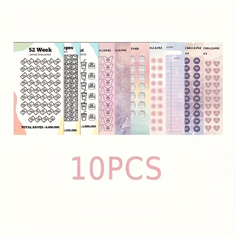 

10pcs Savings Challenge Cards Set - 52 Week & 100 Envelopes Goals, Eat Out Budget Planning - Major Material: Paper