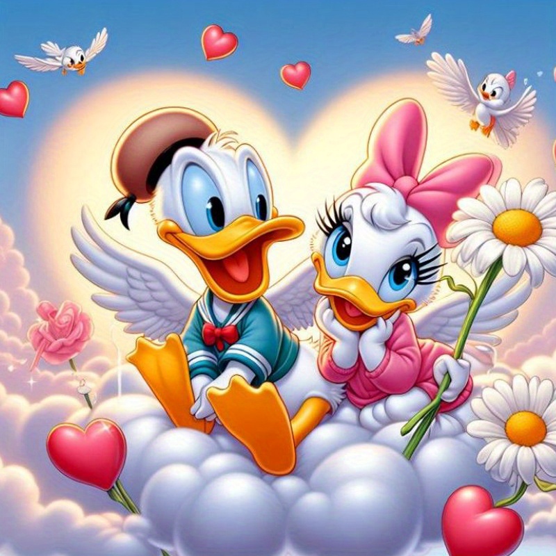 

charming" Disney 5d Diy Diamond Painting Kit - Cute Cartoon Animals Donald Duck & Daisy With Love Wings, Round Full Drill Embroidery Mosaic Art For Home Decor, Living Room Wall, 11.81x11.81in Canvas