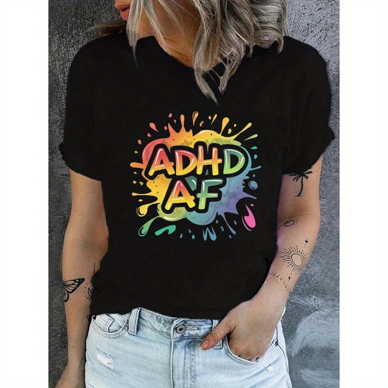 

Adhd Af Print Crew Neck T-shirt, Casual Short Sleeve T-shirt For Spring & Summer, Women's Clothing