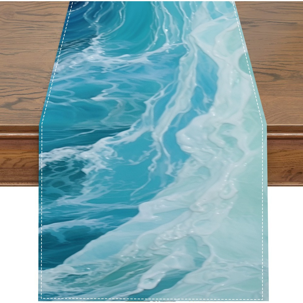 

1pc, Table Runner, Ocean Waves Table Runner, Fresh Summer Look For Kitchen & Dining, Home Decor, Summer Party Decoration, Cool Aqua Blue Tone, 3 Sizes Available