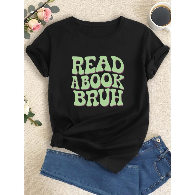 

Read A Book Print Crew Neck T-shirt, Casual Short Sleeve Top For Spring & Summer, Women's Clothing