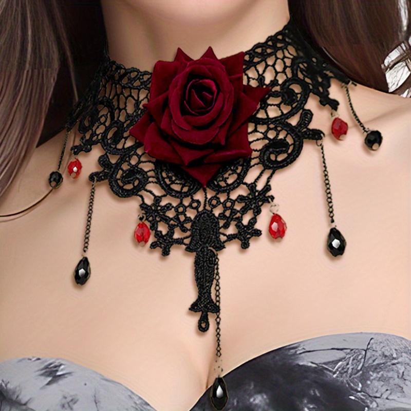 

Gothic Halloween Lace Choker Necklace With Red Rose, Sexy Tassel Design, Black Gothic Party Costume Accessory