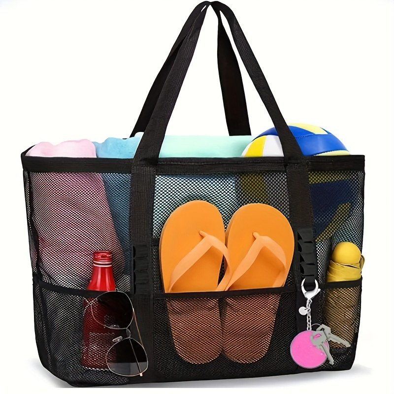 

1pc Large Mesh Beach Bag With Pockets, Shoulder Carry Bag For Bathing Gym Swimming, Foldable Grocery Zipper Bag