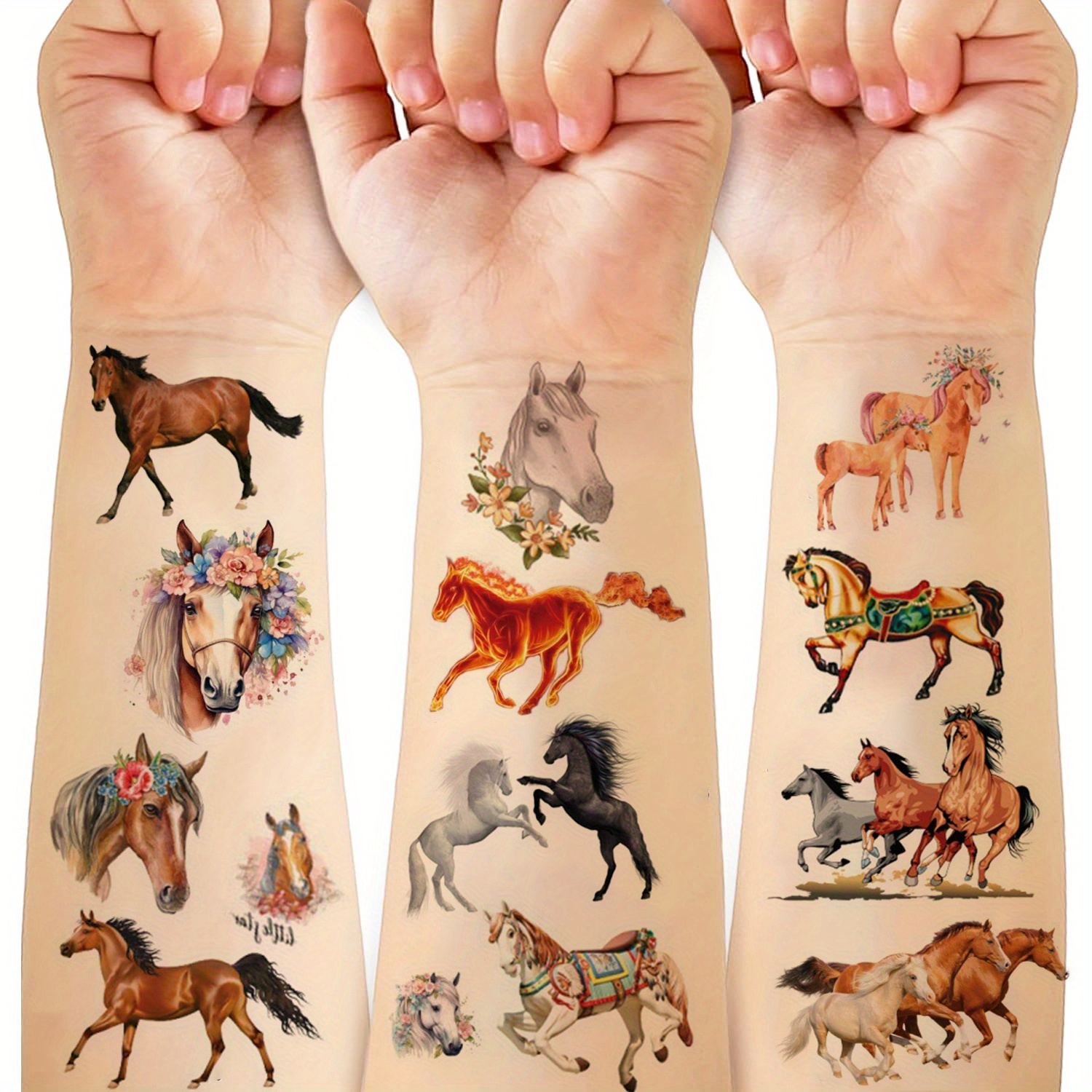 Image of 8 Sheets Temporary Horse Tattoos Suitable For & - Instant Designs, Birthday Party Favors, Themed Tattoo Stickers For Carnival, Christmas Rewards, Application For Tattoos