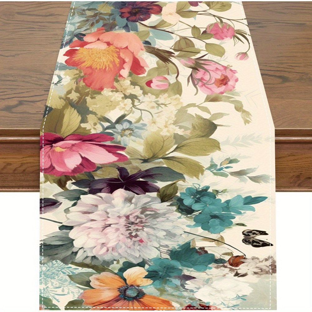 

1pc, Table Runner, Colorful Floral Printed Table Runner, Spring Theme Floral Design, Dustproof & Wipe Clean Table Runner, Perfect For Home Party Decor, Dining Table Decoration, Aesthetic Room Decor