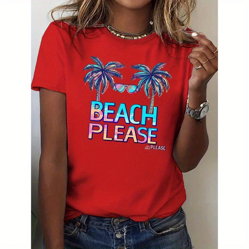 

Beach Tree Print Crew Neck T-shirt, Casual Short Sleeve Top For Spring & Summer, Women's Clothing