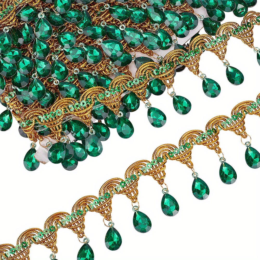

1pc 9.84 Yards/9m Hanging Beads Fringe Lace (48.5mm) Wide Green Rhinestone Bead Fringe Trim Polyester Sewing Fringe Tassel Trim By The Yard For Handmade Diy Clothing Curtain Decor