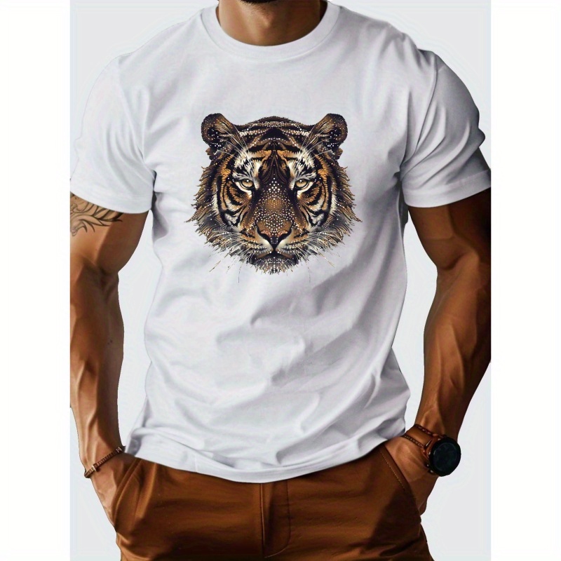 

Tiger Face Print Tee Shirt, Tees For Men, Casual Short Sleeve T-shirt For Summer