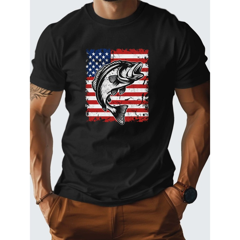 

Bass Fish And American Flag Print Tee Shirt, Tees For Men, Casual Short Sleeve T-shirt For Summer