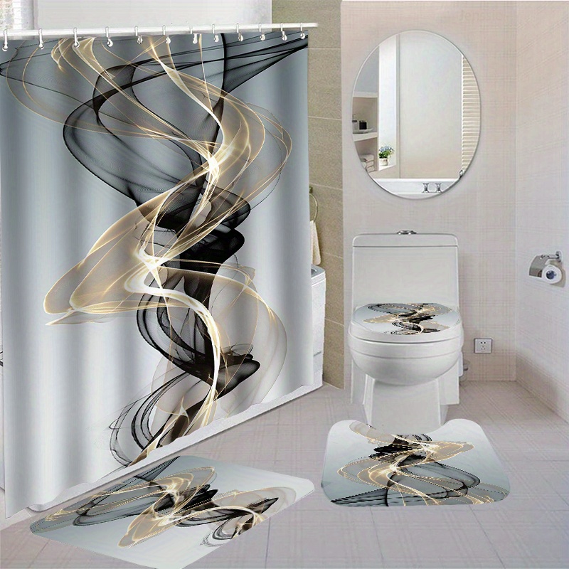 

1/4pcs Abstract Swirl Pattern Shower Curtain Set, Shower Curtain With 12 Hooks, Non-slip Bath Mat, U-shaped Toilet Mat, Toilet Mat, Bathroom Decor Accessories