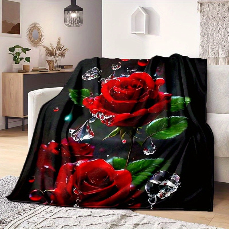 

Soft & Cozy Red Rose Pattern Throw Blanket - Perfect For Sofa, Bed, Picnic, And Office Naps - Machine Washable Polyester Pillows For Couch